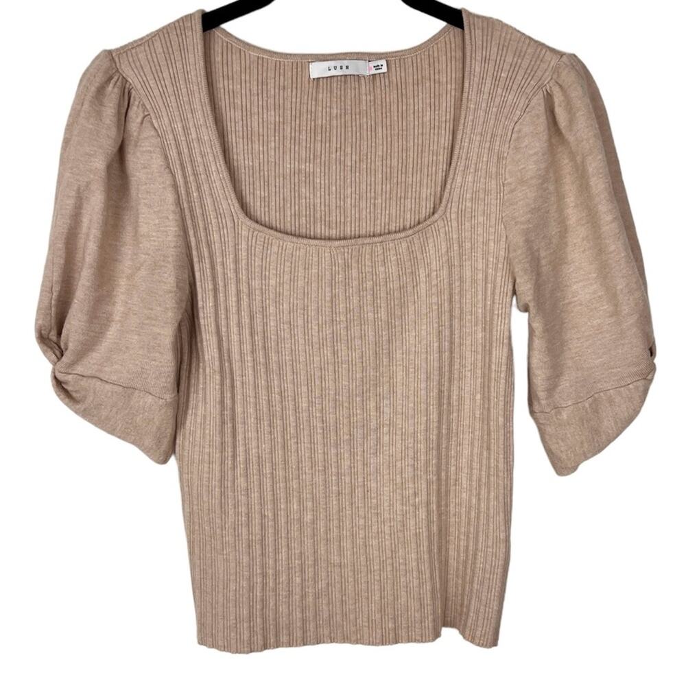 LUSH Puff Sleeve Ribbed Knit Square Neck T-Shirt Oatmeal S Neutral